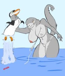 anthro avian bikini bird clothed clothing duo female furryma69 hi_res humanoid leopard_seal male male/female mammal marine penguin pinniped seal swimwear topless voyeur