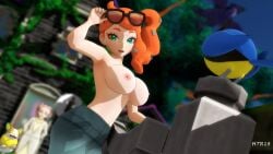 3d armpits breasts exhibitionism glasses glasses_on_head green_eyes htr18 jeans looking_at_viewer massive_breasts nipples orange_hair outdoors pants pokemon pokemon_ss ponytail public_nudity rookidee sonia_(pokemon) topless yamper