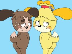 1boy1girl animal_crossing anthro ass bells big_ears black_nose blonde_hair blue_background blush bodily_fluids brother brother_and_sister brown_body brown_fur brown_hair canine digby_(animal_crossing) domestic_dog duo female floppy_ears fluffy fluffy_tail freckles fungrip98_(artist) fur half-closed_eyes happy isabelle_(animal_crossing) long_tail male male/female nintendo nude sister smile