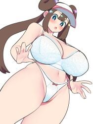 1girl 1girls bellupup blue_eyes blush bra breasts brown_hair clothing female female_focus female_only hair_bun large_breasts long_hair looking_at_viewer matching_underwear open_mouth panties pokemon pokemon_bw2 rosa_(pokemon) simple_background solo solo_female solo_focus tights visor_cap white_background white_bra white_panties wide_eyed wide_hips