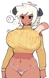 blush coconuts_(artist) female fondling_breast groping_from_behind horns tagme turtleneck white_hair