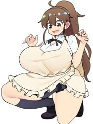 1girls apron bellupup blush breasts brown_eyes brown_hair female large_breasts long_hair looking_at_viewer open_mouth ponytail solo taneshima_popura tied_hair waitress working!!