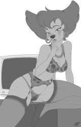 2023 anthro bedroom_eyes big_breasts black_nose blush bra breasts canid canine canis cleavage clothed clothing desk disney domestic_dog ear_piercing ear_ring eyebrows eyelashes female footwear furniture garter_belt garter_straps gem genitals goof_troop h-picaso hair half-closed_eyes hi_res jewelry legwear lingerie looking_at_viewer mammal mature_female monochrome narrowed_eyes necklace panties pearl_(gem) pearl_necklace peg_pete piercing pubes pussy ring_piercing seductive shoes short_hair shush signature smile solo stockings table thigh_highs translucent translucent_clothing underwear