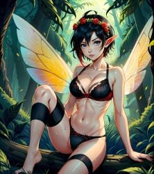 ai_generated aicon black_hair black_lingerie elf_ears fairy fairy_wings female flower_crown forest gradient_hair grey_eyes lingerie red_hair red_lingerie ruby_rose rwby silver_eyes sweat tits