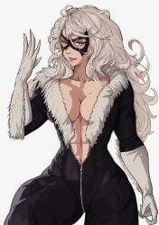 black_bodysuit black_cat_(marvel) black_clothing clothed_female felicia_hardy fur_trim marvel mask muscular muscular_female partially_unzipped solo_female spider-man_(series) unzipped_bodysuit white_gloves white_hair yoracrab