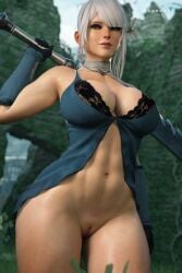 1girls 2023 3d abs apone3d armwear artist_name athletic athletic_female bra breasts casual closed_mouth clothed clothing female female_focus female_only flower flower_in_hair freckles freckles_on_face front_view gloves hi_res holding_object holding_weapon human kaine_(nier) lace large_breasts light-skinned_female light_skin muscular muscular_female navel nier nier_(series) nier_replicant no_panties open_eyes outdoors outside pale_skin pussy shaved_pussy solo solo_female solo_focus thick_thighs thighs topwear weapon white_hair wide_hips