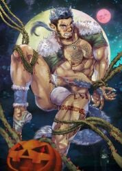 1boy 1male abs bara beard biceps blush bulge claws clothing facial_hair fundoshi gay hairy hairy_arms hairy_chest halloween hi_res highres huge_bulge looking_at_viewer male male_focus male_only male_pubic_hair muscular muscular_male nipples pumpkin scar solo solo_male suamaru0808 teeth teeth_visible werewolf