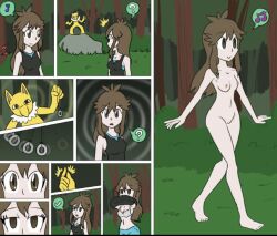 brown_hair comic completely_nude completely_nude_female green_(pokemon) happy_trance hypno hypnosis mythkaz nude nude_female pokemon pokemon_(species) singing stripping