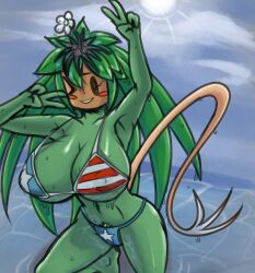 1girls alternate_version_available armpits big_breasts bikini blaster_master breasts double_v female female_only green_hair green_skin kanna_(blaster_master) long_hair looking_at_viewer one_eye_closed peace_sign plantie pubic_hair sanitysedge solo solo_female v v_sign wink