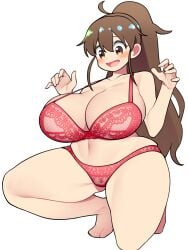 1girls bellupup blush bra breasts brown_eyes brown_hair clothing female large_breasts long_hair looking_at_viewer matching_underwear open_mouth panties ponytail red_bra red_panties smile solo spread_legs taneshima_popura tied_hair underwear_only wide_hips working!!