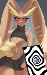 anthro blush blush_lines bulge cellphone dialogue generation_4_pokemon genital_outline girly holding_cellphone holding_object holding_phone human lopunny male mammal nintendo penis_outline phone pokemon pokemon_(species) white-stripes wide_hips