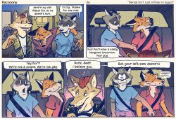 3boys aiden_harris anthro backseat blush canid canine canis car caught closet_coon colin_young comic coyote dialogue driving drunk ear_piercing english_text fox gay_denial grope group hand_on_penis in_denial inside_car leafdog male male/male mammal moles molestation piercing procyonid raccoon red_fox rodney_waters speech_bubble substance_intoxication text trio vehicle