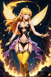 ai_generated fairy fairy_wings female flames lingerie purple_eyes redbreadalt rwby thighhighs tits yang_xiao_long yellow_hair yellow_lingerie