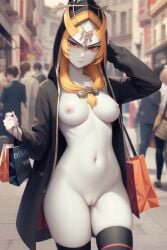 1girls ai_generated angry black_legwear breasts cape exposed_breasts female female_only fluffy legwear midna nintendo public_nudity pussy ruptuorie shopping_bag solo the_legend_of_zelda twili_midna twilight_princess