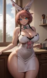 1girls ai_generated apron aqua_eyes breasts cleavage earrings elphelt_valentine fake_animal_ears four-leaf_clover guilty_gear guilty_gear_xrd indoors large_breasts looking_at_viewer murkyskeleton naked_apron pink_hair rabbit_ears short_hair smile solo stable_diffusion thick_thighs thighs