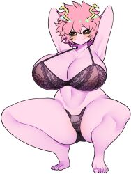 1girls armpits arms_behind_head ashido_mina bellupup big_breasts black_bra black_panties black_sclera blush bra breasts clothing female horns looking_at_viewer matching_underwear mina_ashido my_hero_academia no_mask open_shirt panties pink_hair pink_skin short_hair smile smiling spread_legs squatting wide_hips yellow_eyes