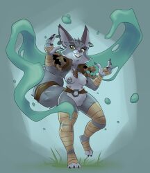 2023 3_toes 4_fingers ammena_(characters) anthro belt black_nose blizzard_entertainment breasts canid claws digital_media_(artwork) ear_piercing ear_ring elemental_manipulation feet female finger_claws fingers fur genitals grey_body grey_fur grin hand_wraps hi_res hindpaw humanoid_hands leg_wraps mammal medium_breasts metal_(artist) mostly_nude multi_nipple nipples paws piercing pussy ring_piercing shoulder_pads smile solo teeth toe_claws toes vulpera warcraft water water_manipulation wraps