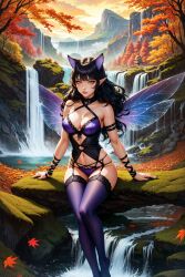 ai_generated black_hair black_lingerie blake_belladonna cat_ears elf_ears fairy fairy_wings female lingerie purple_lingerie purple_socks redbreadalt rwby socks thigh_socks thighhighs tits waterfall yellow_eyes