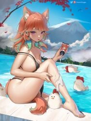 1girls animal_ears bikini breasts cleavage female greatodoggo hololive hololive_english hololive_myth huge_breasts kemonomimi kfp kfp_(takanashi_kiara) long_hair naughty_face orange_hair outdoors purple_hair smile sunscreen takanashi_kiara thighs virtual_youtuber