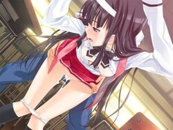 1boy 1girls bent_over black_hair breasts breasts_out byakudan_midori classroom clothed_sex clothes_lift cum cum_in_pussy cum_inside cumdrip cumdrip_onto_panties desk dutch_angle female from_below game_cg hairband happoubi_jin kanojo_x_kanojo_x_kanojo kneehighs long_hair nipples open_mouth panties panties_down panty_pull purple_eyes school school_uniform sex sex_from_behind shiki_haruomi shirt skirt skirt_lift small_breasts socks straight thigh_gap underwear white_panties