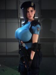 1girls 2023 3d 3d_(artwork) alternate_breast_size beret breasts_bigger_than_head capcom clothed clothed_female female female_only female_solo fully_clothed grenade_launcher gun hat holding_gun holding_object holding_weapon huge_breasts human human_female human_only jill_valentine jill_valentine_(julia_voth) resident_evil resident_evil_3 skin_tight skindentation solo solo_female upper_body vaako weapon