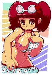 bikini bimigura blush breasts brown_eyes female frills glasses hair_ornament heart milk_(pop'n_music) open_mouth polka_dot polka_dot_bikini polka_dot_swimsuit pop'n_music pussy red_hair short_hair solo star sunglasses swimsuit tied_hair twintails