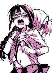 akemi_homura blush braid breast_grab closed_eyes female fingering from_behind glasses hair_ribbon hand_in_skirt hand_under_shirt human long_hair madoka_kaname mahou_shoujo_madoka_magica molestation monochrome multiple_girls navel one_eye_closed open_mouth ribbon scared shirt_lift short_hair single_braid tears tied_hair twintails watanabe_ignica wink yuri