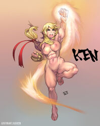 1girls abs armpits barefoot blonde_hair brown_eyes capcom clenched_hands elee0228 eyebrows female female_only fingerless_gloves flame genderswap genderswap_(mtf) gloves hair_ribbon human ken_masters long_hair low-tied_long_hair muscle muscular_female navel nipples nude nude_female open_mouth pussy ribbon rule_63 sheepuppy shouryuuken solo street_fighter street_fighter_alpha thick_eyebrows toes uncensored uppercut watermark yellow_gloves