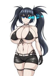 1girls bangs bikini bikini_top black_bikini black_bikini_top black_coat black_gloves black_hair black_rock_shooter black_rock_shooter_(character) blue_eyes blue_flame breasts choker clothed collar dark_hair emotionless female female_focus female_only gloves large_breasts navel raiku scars shorts simple_background solo solo_female solo_focus twintails white_background