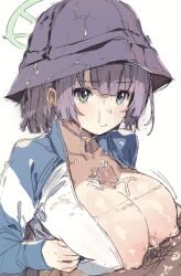 1boy black_headwear blue_archive breasts breasts_squeezed_together bucket_hat closed_mouth cum cum_on_body cum_on_breasts facial female gorirago hair_between_eyes halo hat highres jacket large_breasts long_sleeves male_pubic_hair nipples paizuri penis pubic_hair purple_hair rabbit_squad_(blue_archive) saki_(blue_archive) saki_(swimsuit)_(blue_archive) short_hair simple_background solo_focus srt_special_academy_student straight white_background