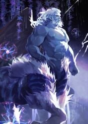 1boy abs bara beard biceps centaur crrispy facial_hair final_fantasy final_fantasy_xiv gay hairy hi_res highres horse humanoid male male_focus male_only muscular muscular_male nipples purple_body purple_skin ramuh solo solo_male taur white_beard white_hair