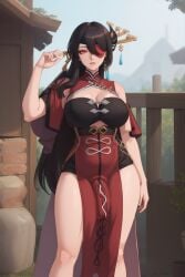 ai_generated beidou_(genshin_impact) bulge_through_clothing dress_bulge futanari genshin_impact large_breasts large_penis red_eyes skirt_bulge