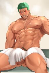 1boy 1male abs balls bara biceps big_balls big_penis blush bulge completely_nude e_boir flaccid flaccid_penis gay green_hair hi_res highres huge_bulge huge_cock kurosuke0755 male male_focus male_only male_pubic_hair muscular muscular_male nipples nude one_piece penis roronoa_zoro scar solo solo_male