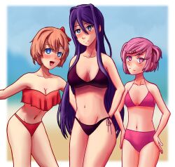 3girls andreidtale bare_shoulders big_breasts bikini bikini_bottom bikini_top blue_eyes bow breasts cleavage collarbone doki_doki_literature_club female female_human female_only hairbow human human_female human_focus human_only long_hair multiple_girls natsuki_(doki_doki_literature_club) navel open_mouth pink_bikini pink_bikini_bottom pink_bikini_top pink_eyes pink_hair pink_swimwear purple_eyes purple_hair red_bikini red_bikini_bottom red_bikini_top red_bow red_hair_bow red_hairbow red_swimwear sayori_(doki_doki_literature_club) strawberry_blonde_hair swimwear yuri_(doki_doki_literature_club)