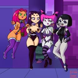 4girls blackfire boots cartoon_network cottondandy dc fellatio_gesture female_only goth goth_girl grey_skin handjob_gesture jinx_(dc) knee_boots kneehighs legs looking_at_phone looking_at_viewer makeup multiple_girls nipple_slip prostitution raven_(dc) revealing_clothes small_clothes starfire teen_titans teen_titans_go