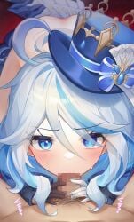 aether_(genshin_impact) blowjob blue_accents censored furina_(genshin_impact) genshin_impact hat pov white_hair 紅世