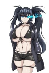 1girls bangs bikini bikini_top black_bikini black_bikini_top black_coat black_gloves black_hair black_jacket black_rock_shooter black_rock_shooter_(character) blue_eyes blue_flame breasts choker clothed coat collar dark_hair emotionless female female_focus female_only gloves indifferent jacket large_breasts navel raiku scars shorts simple_background solo solo_female solo_focus twintails white_background