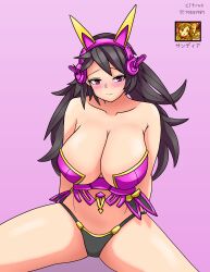 1girls arms_behind_back belly bikini_armor black_hair black_panties blush collarbone headphones highres large_breasts long_hair metal_bra purple_eyes shoulders sitting smiling_at_viewer spread_legs the_battle_cats thick_thighs thundia