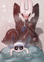 <3_eyes anthro areola armpits arthropod biped black_body blush bodily_fluids breast_play breasts cum cum_on_face duo ejaculation erection female genital_fluids genitals heart hi_res hollow_knight hornet_(hollow_knight) huge_breasts incest lactating lactation male male/female nipples non-mammal_breasts paizuri penis protagonist_(hollow_knight) sex sibling siblings sincastermon sister team_cherry titfuck white_body