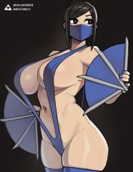 1girls black_hair breasts donburikazoku fan female hips huge_breasts kitana light-skinned_female light_skin long_hair mask mortal_kombat revealing_clothes sling_bikini solo thick_thighs thighs wide_hips