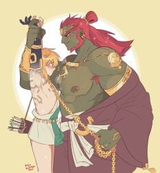 2boys absurdres archaic_set_(zelda) arm_tattoo armpit_hair arms_up asymmetrical_clothes blonde_hair blush bracer captive chains chest_hair dark-skinned_male dark_skin ganondorf gay grabbing_another's_arm hair_bun height_difference highres imminent_sex large_pectorals leash link link_(tears_of_the_kingdom) male multiple_boys muscular muscular_male nipples pectorals power_imbalance quiver red_hair refrainbow size_difference smile tattoo tears_of_the_kingdom the_legend_of_zelda topknot yaoi