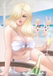 beach big_breasts bikini bikini_bottom bikini_top blonde_hair blue_eyes breasts champagne emma_frost hair_over_one_eye large_breasts marvel marvel_comics mikeonhighway61 stepford_cuckoos thick_thighs white_queen x-men