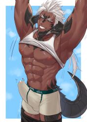 1boy abs animal_humanoid areola armpits au_ra biped bulge clothed clothing cocky erection erection_under_clothing eyebrows final_fantasy final_fantasy_xiv hair hi_res horn horned_humanoid humanoid male male_only muscular muscular_arms muscular_chest muscular_humanoid muscular_male musk nawu_(toumator18) nipples pants_down pecs penis precum precum_through_clothing scales scalie scalie_humanoid shirt_lift smile solo solo_male square_enix standing sweat tail tailed_humanoid tank_top tank_top_lift tenting toumator18 underwear white_hair