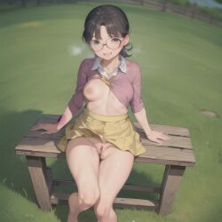 1girls ai_generated anime anime_style breasts clothed doraemon female female_only housewife mature_female milf mommy mother outdoors park park_bench semi_nude skirt_up solo tamako_nobi