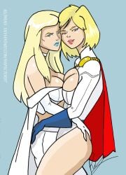 2girls blonde_hair blue_eyes boob_window crossover dc dc_comics emma_frost female female_only inspector97 justice_society_of_america karen_starr marvel marvel_comics power_girl pressing_breasts white_queen x-men