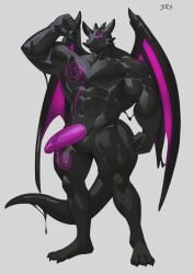 2022 5_fingers absurd_res anthro black_body cxcxxcxxxx digital_media_(artwork) dragon fingers genitals grey_background hi_res horn looking_at_viewer male muscular muscular_anthro muscular_male penis purple_penis purple_sclera rubber_creature simple_background solo wings