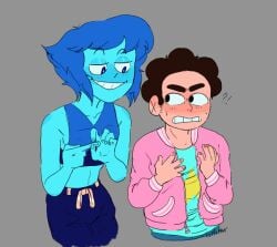 1boy 1girls annoyed aqua_skin biting_lip blue_body blue_eyes blue_hair blue_skin blush blushing clothed clothing collarbone crop_top eyelashes female gem_(species) gem_fusion grey_background grin half-closed_eyes hand_gesture horny horny_female inviting jacket lapis_lazuli_(steven_universe) larger_female looking_at_another looking_down male midriff naughty naughty_face naughty_smile open_jacket pants raised_eyebrows shirt shorter_male simple_background sleeveless sleeveless_shirt smile smug smug_face smug_grin steven_quartz_universe steven_universe steven_universe_future suggestive suggestive_gesture taller_female taller_girl teasing teeth xxxchillipepper_(artist) zipper