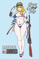 4th_of_july american american_flag american_flag_bikini baseball_cap belly_tattoo blonde_hair blue_eyes coat collar girls'_frontline gun high_heel_sandals large_breasts mosin-nagant mosin-nagant_(girls'_frontline) national_personification personification pubic_tattoo qos queen_of_spades queen_of_spades_symbol side_ponytail slut_tattoo spade_tattoo thick_thighs toenail_polish usa wide_hips