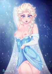 2023 arm_up blonde_hair blue_background blue_eyes blush braided_hair braids breasts disney dress dress_lift dynoxter elsa_(frozen) female female_focus female_only frozen_(film) lipstick nipples purple_eyeshadow pussy snow thick_thighs thighs