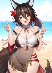 1girls animal_ears beach big_breasts bikini blush curvy female female_only fox_ears fox_girl fox_tail green_eyes hair_ornament honkai:_star_rail large_breasts looking_at_viewer midriff navel outdoors outside solo solo_female swimsuit tail thick thick_thighs tingyun_(honkai:_star_rail) voluptuous wide_hips xfate